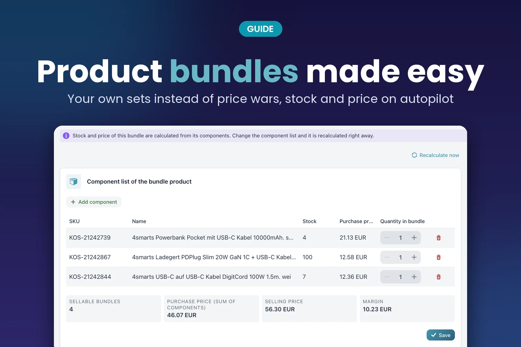 Create product bundles: bundle component list in Import2Shop with stock, purchase price, selling price and margin